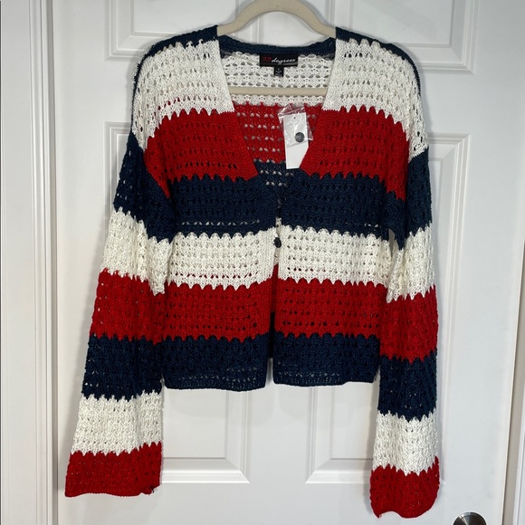 33 Degrees Americana Crochet Striped Cardigan Small Long Flare Sleeve V Neck - Picture 3 of 12